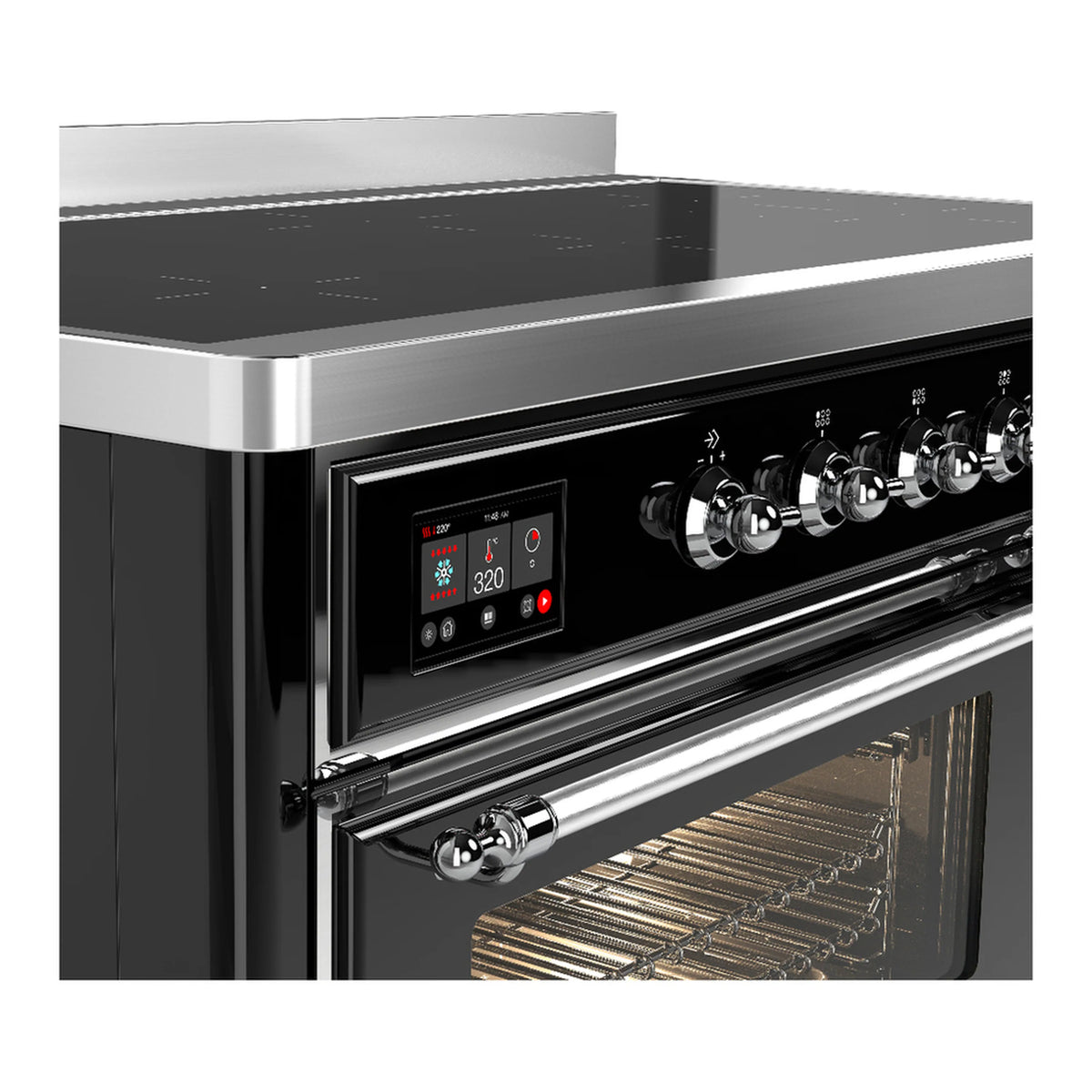 ILVE Majestic III induction range control panel with knobs and digital display, oven door ajar