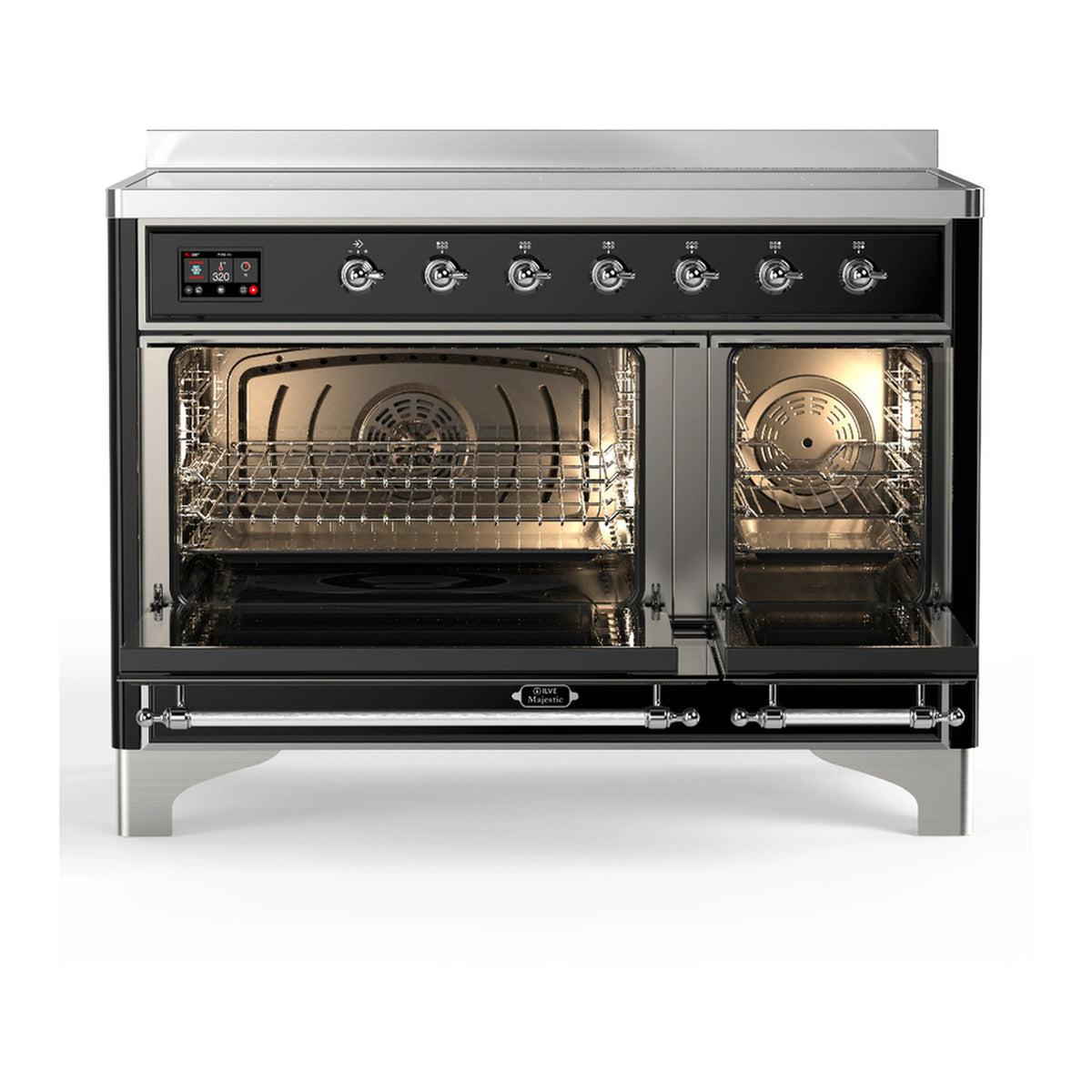ILVE Majestic III induction range with two oven compartments open, racks and fan visible