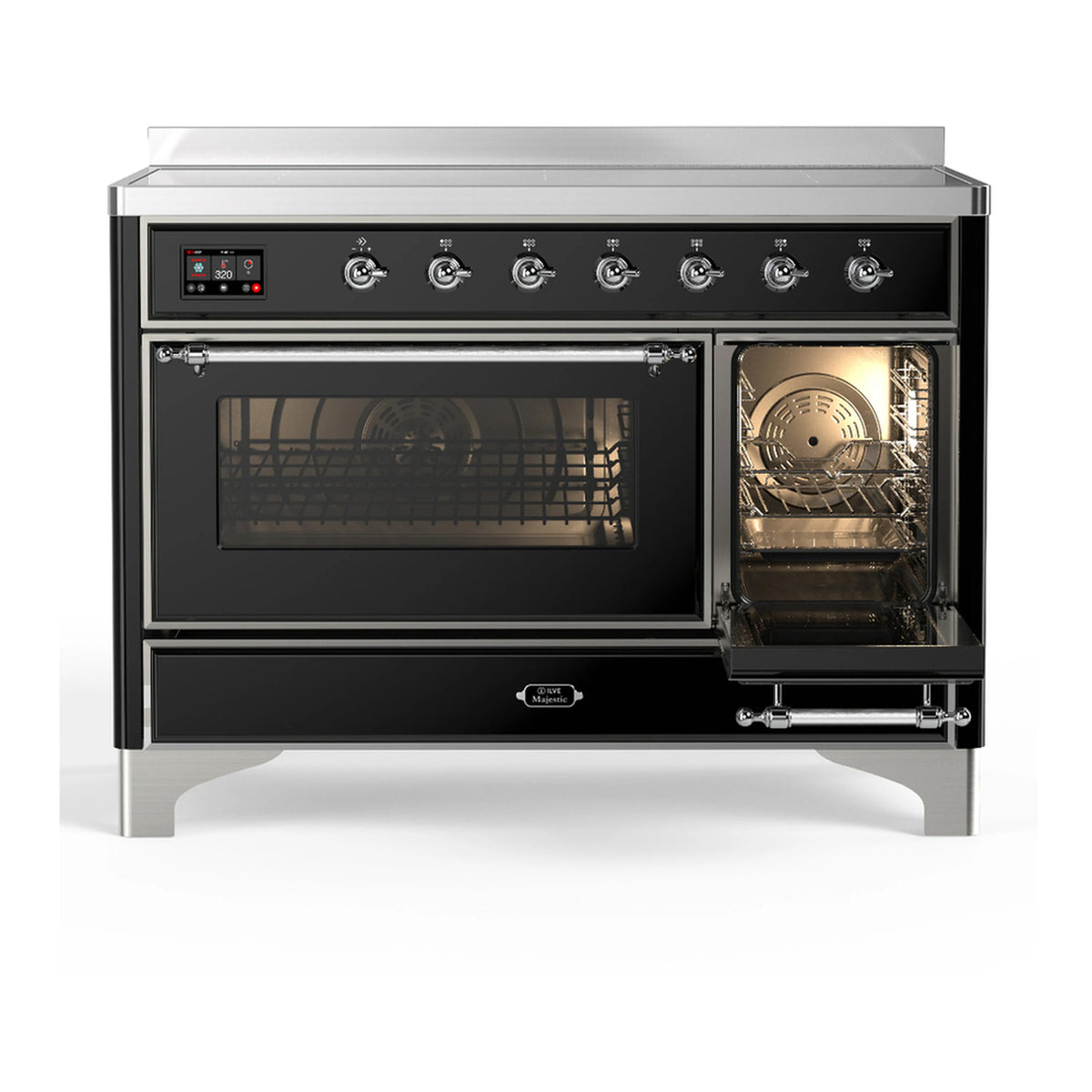 ILVE Majestic III induction range with left large oven window and right smaller oven door open