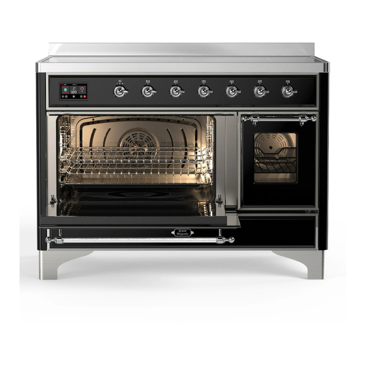 ILVE Majestic III induction range front view with both oven doors open and interior light
