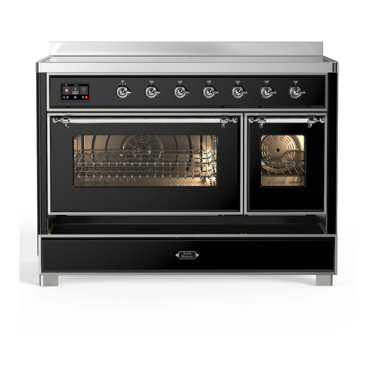 ILVE Majestic III induction range with glass oven doors open, chrome trims and controls visible