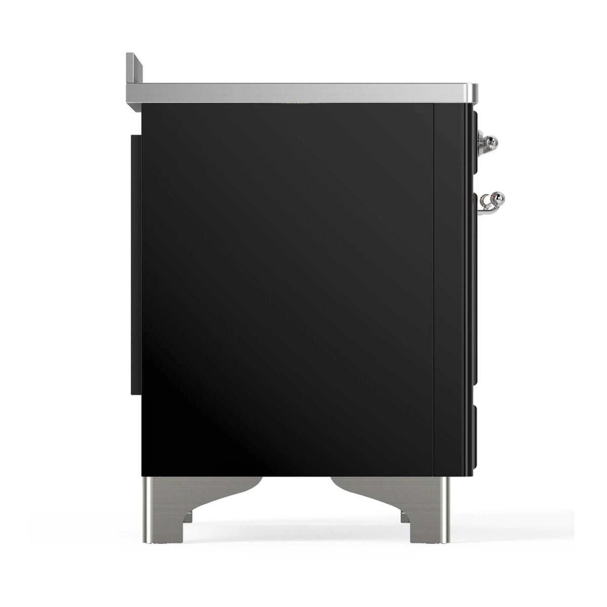 ILVE Majestic III induction range rear side panel in glossy black with chrome-capped feet
