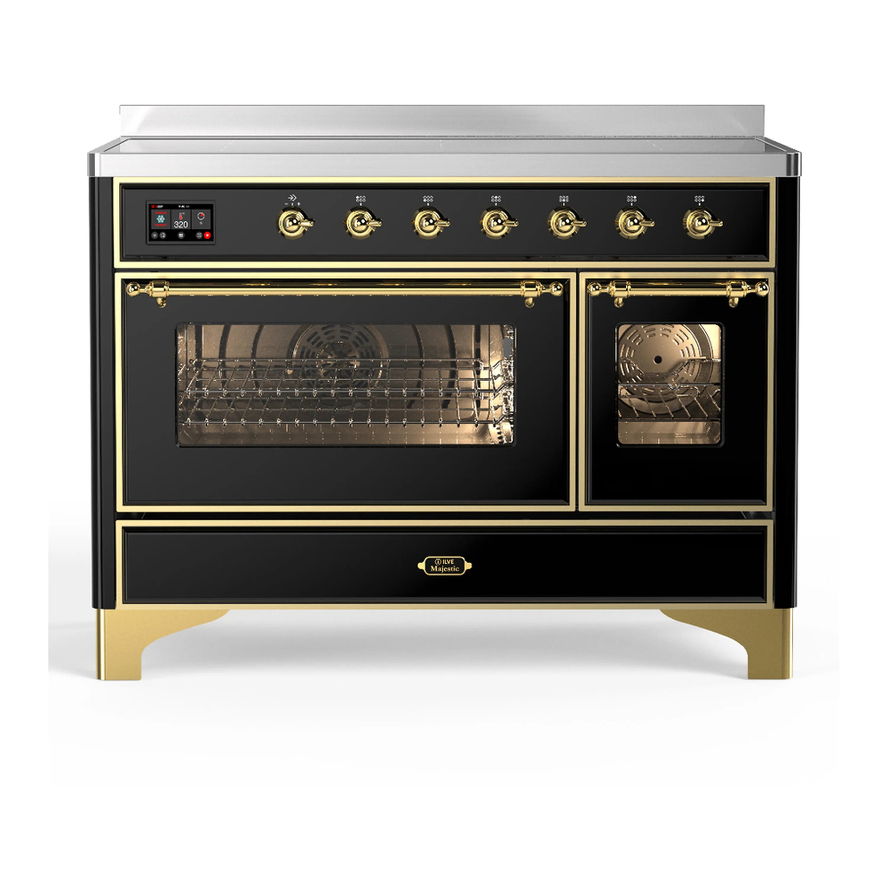 Black induction range with two open ovens and brass-trimmed doors, racks inside