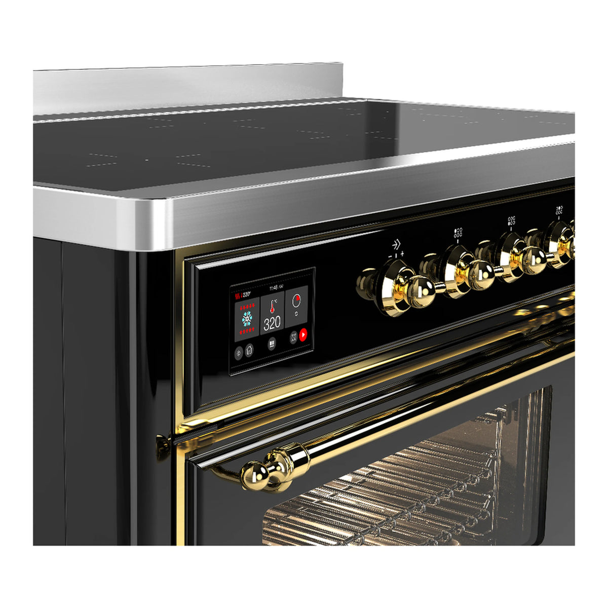 Glossy black induction range with brass-trimmed open oven and control panel
