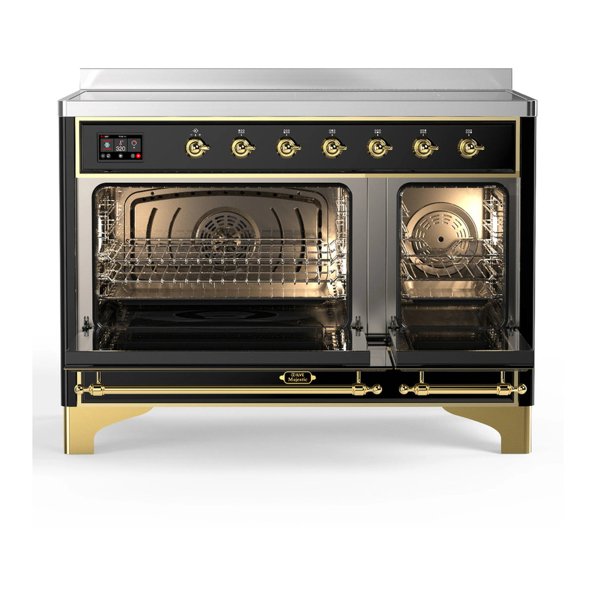Black induction range with two open oven doors, racks visible, brass accents