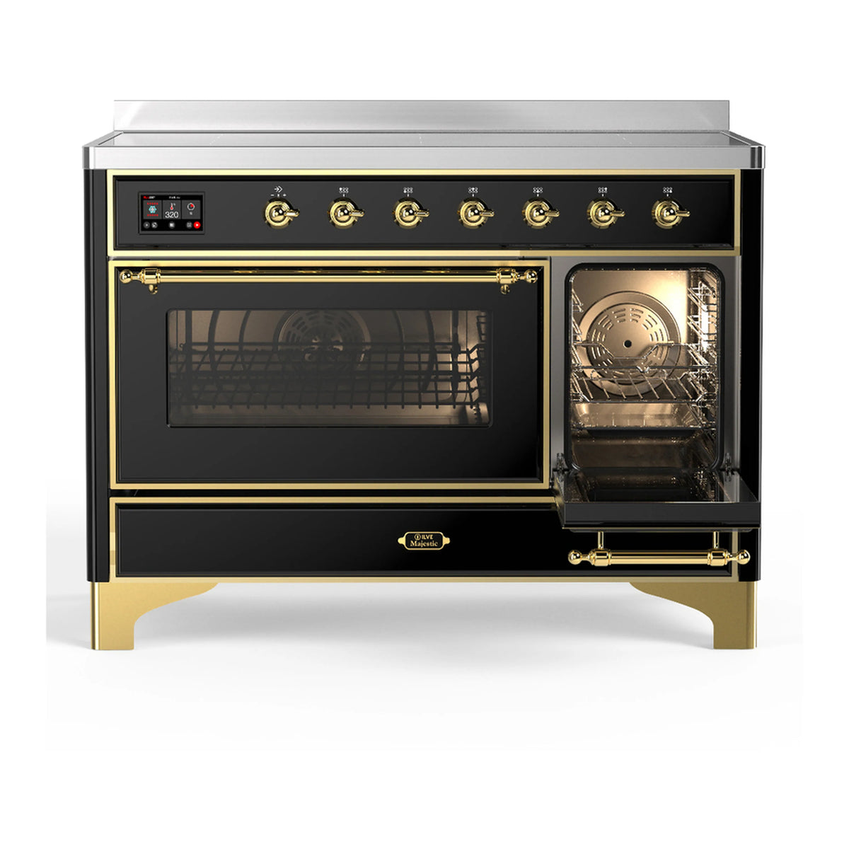Black induction range with left oven door window and right door open, brass trim