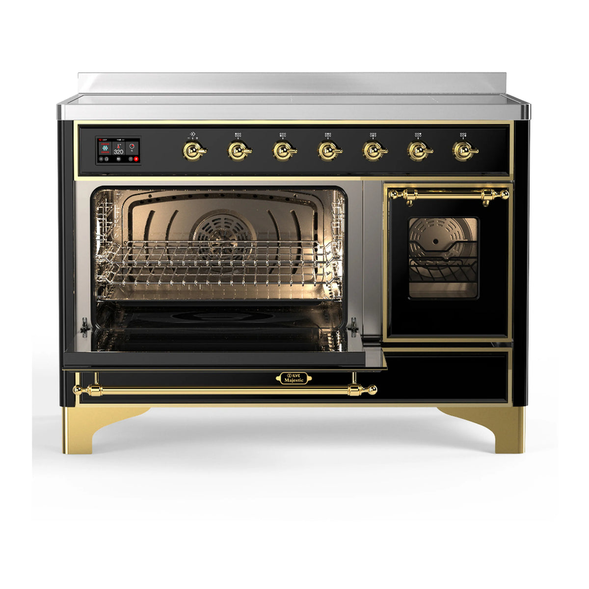 Black induction range with two ovens open, racks visible through brass-trimmed doors