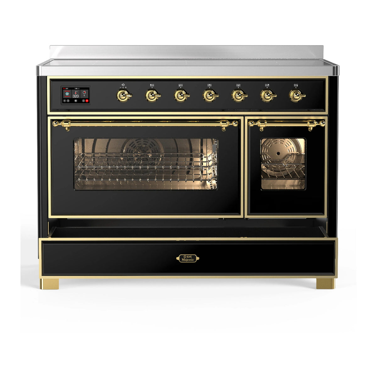 Black induction range with large oven door window and side oven open, brass frame