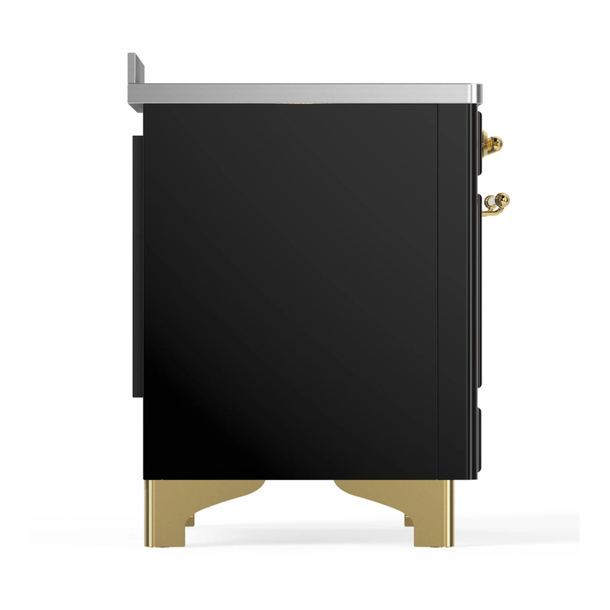 Glossy black induction range side panel with brass trim and raised feet