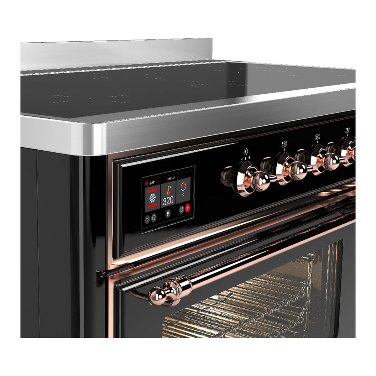 Induction range control panel with illuminated display and copper knob accents