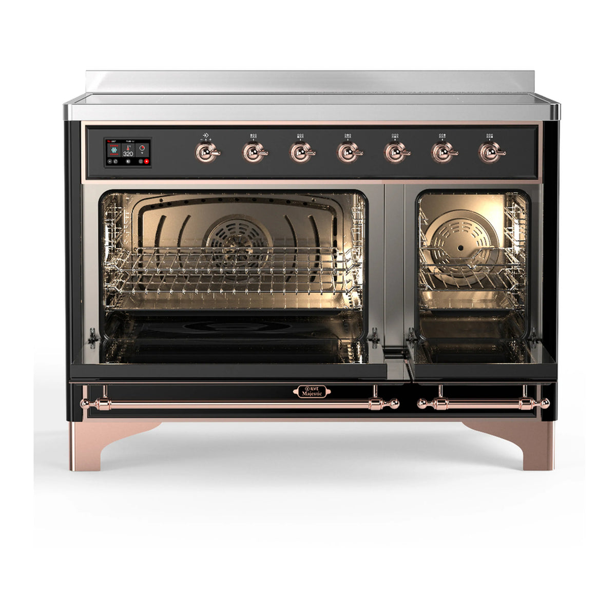 Induction range with oven doors open, glossy black interior and copper-trim accents