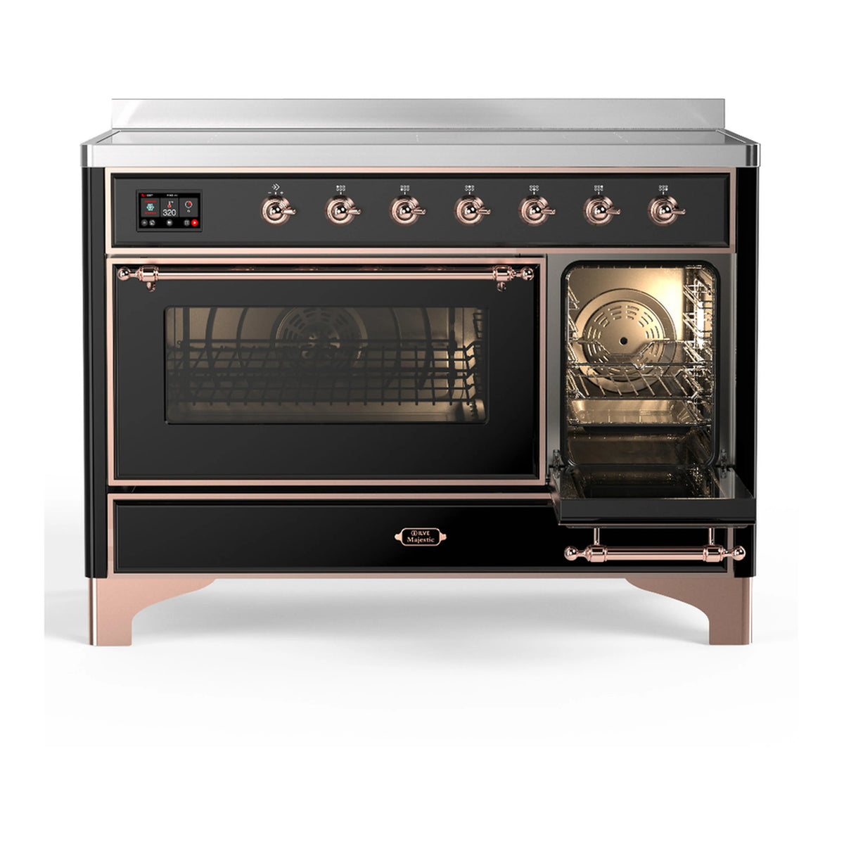 Induction range with oven door open, warm-lit baking chamber and copper-trim handle