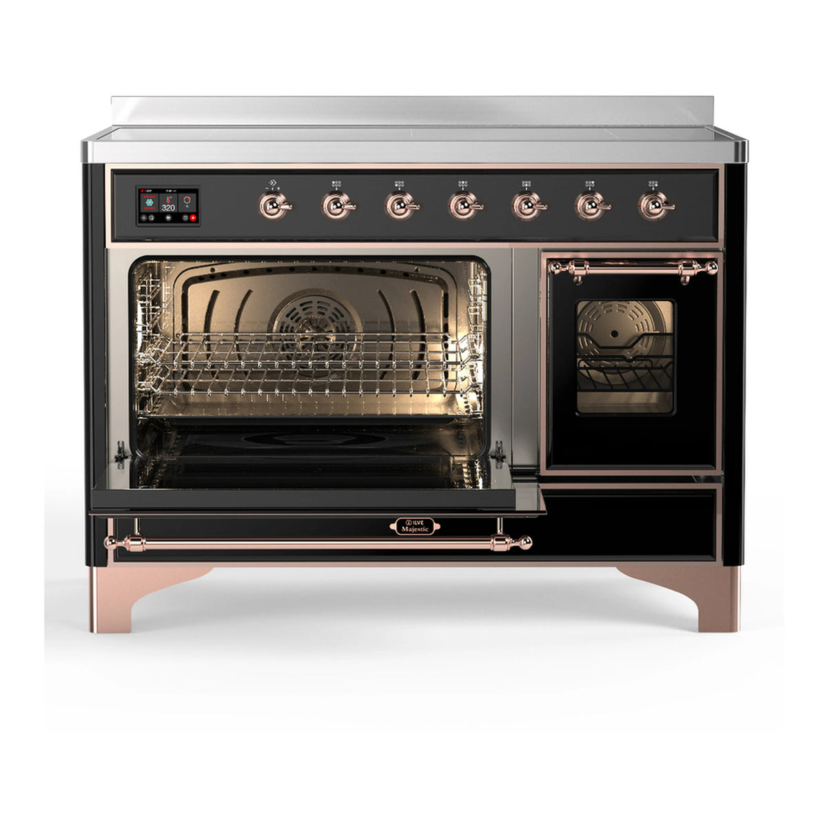 Induction range with both ovens open, visible racks inside glossy black body
