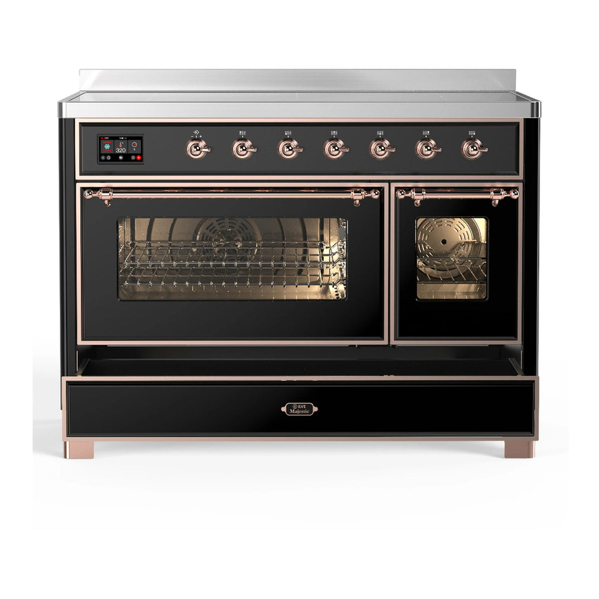 Induction range with oven cavity open, glossy black front and copper-trim details