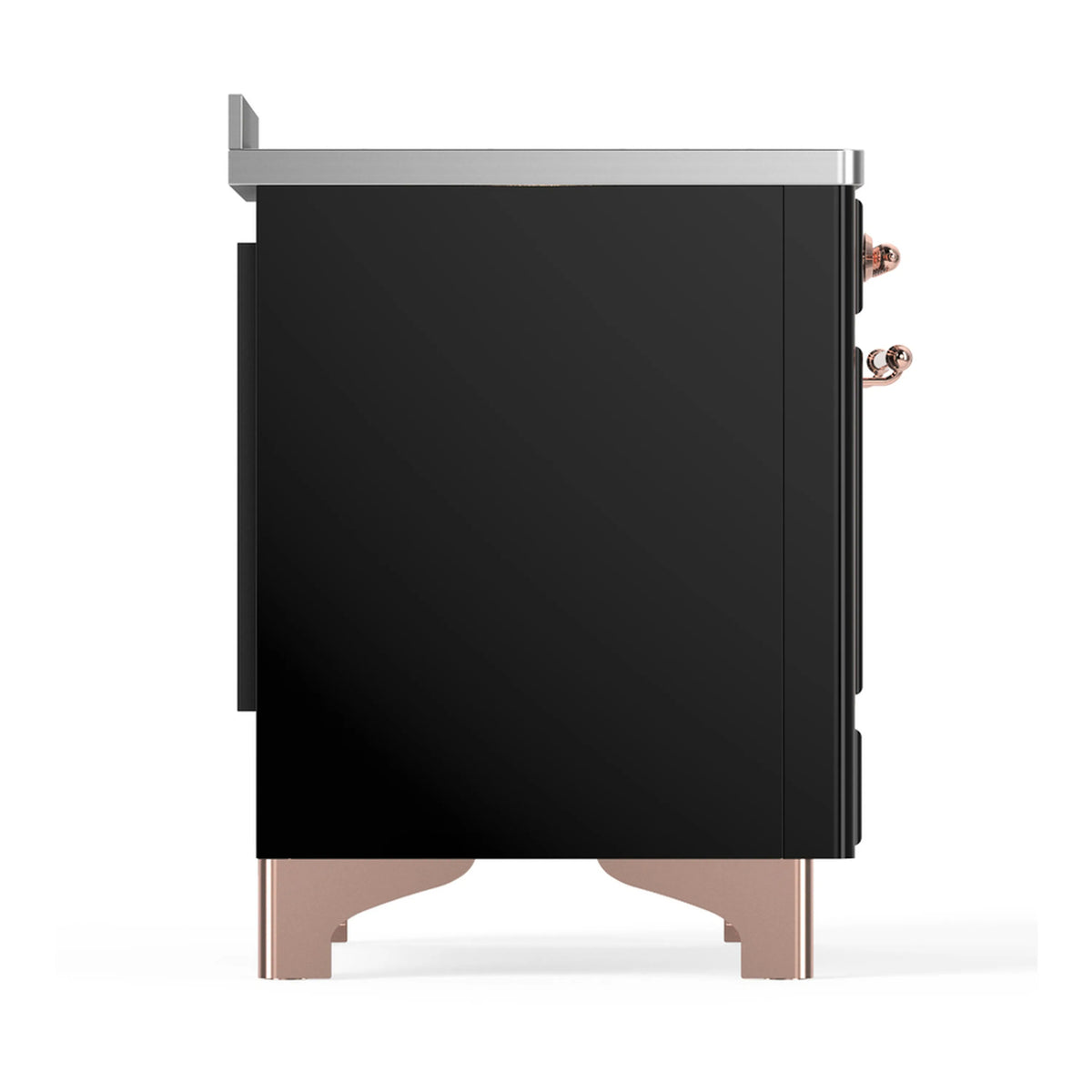Side view of glossy black induction range cabinet with copper-trim handle accents