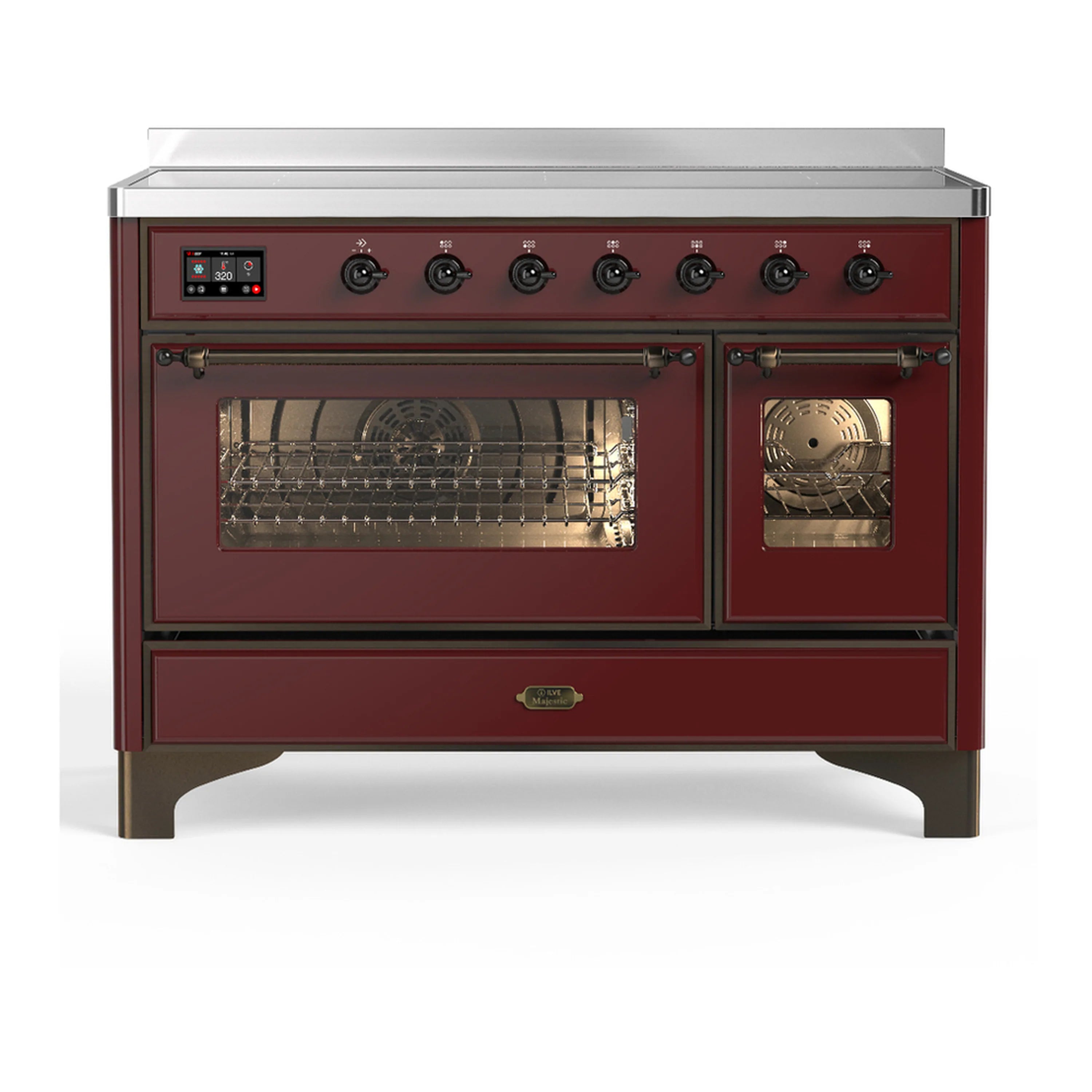Burgundy induction range with two glass oven doors and six cooktop control knobs