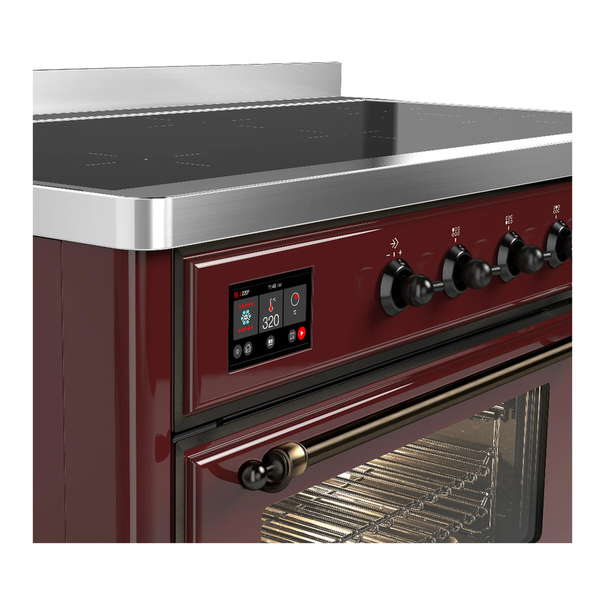 Burgundy induction range control panel with digital display and oven knobs