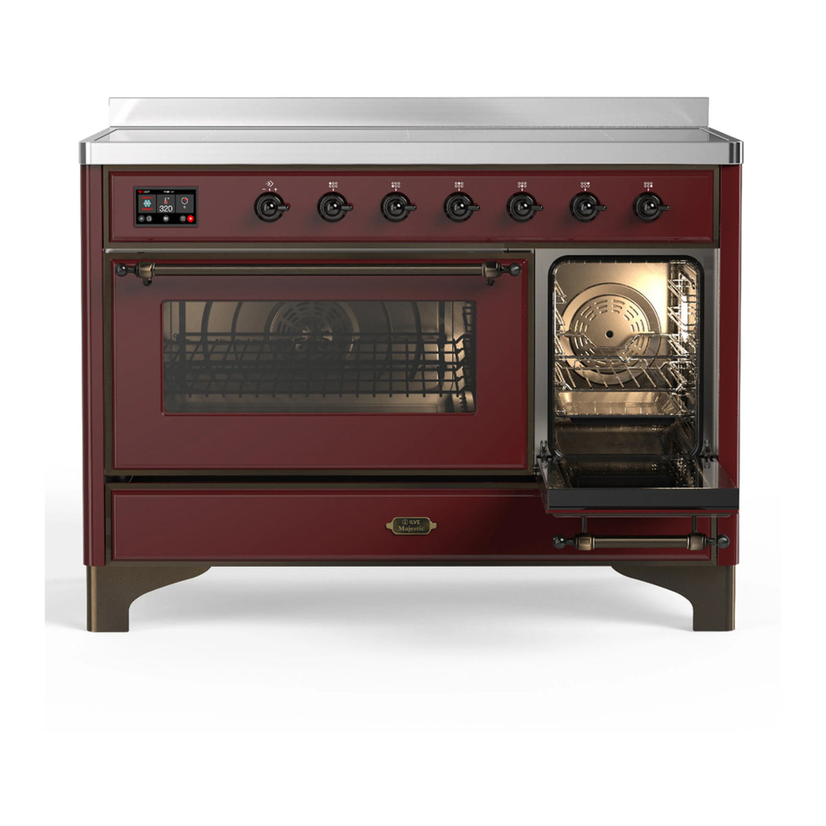 Burgundy induction range with one oven door open and visible fan in the glass window