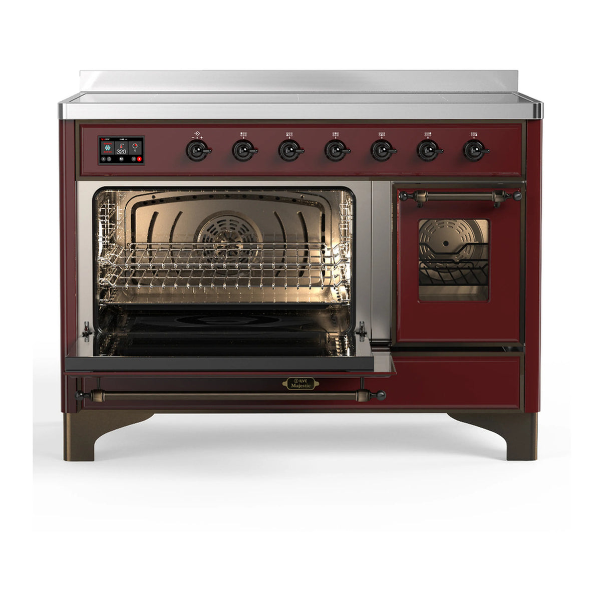 Burgundy induction range with oven doors closed and illuminated interior through glass
