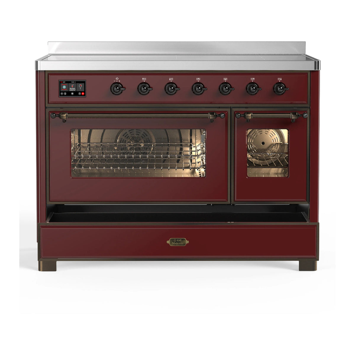 Burgundy induction range front view with control panel and glass oven doors