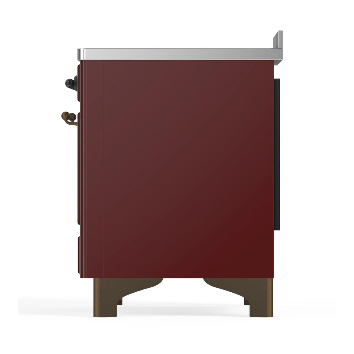 Burgundy induction range rear side panel with stainless trim and side handles