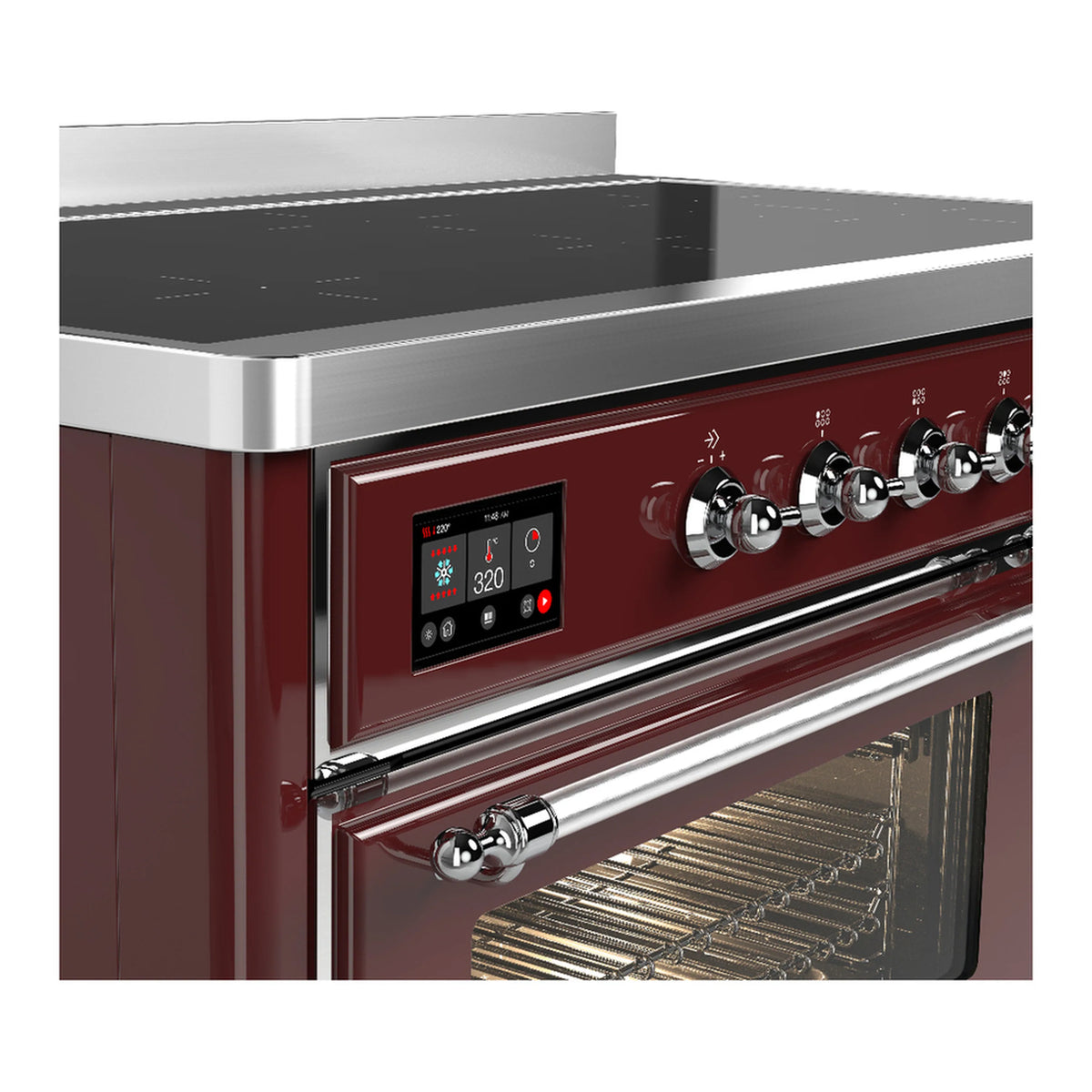 Burgundy induction range control panel with chrome knobs and oven handle.