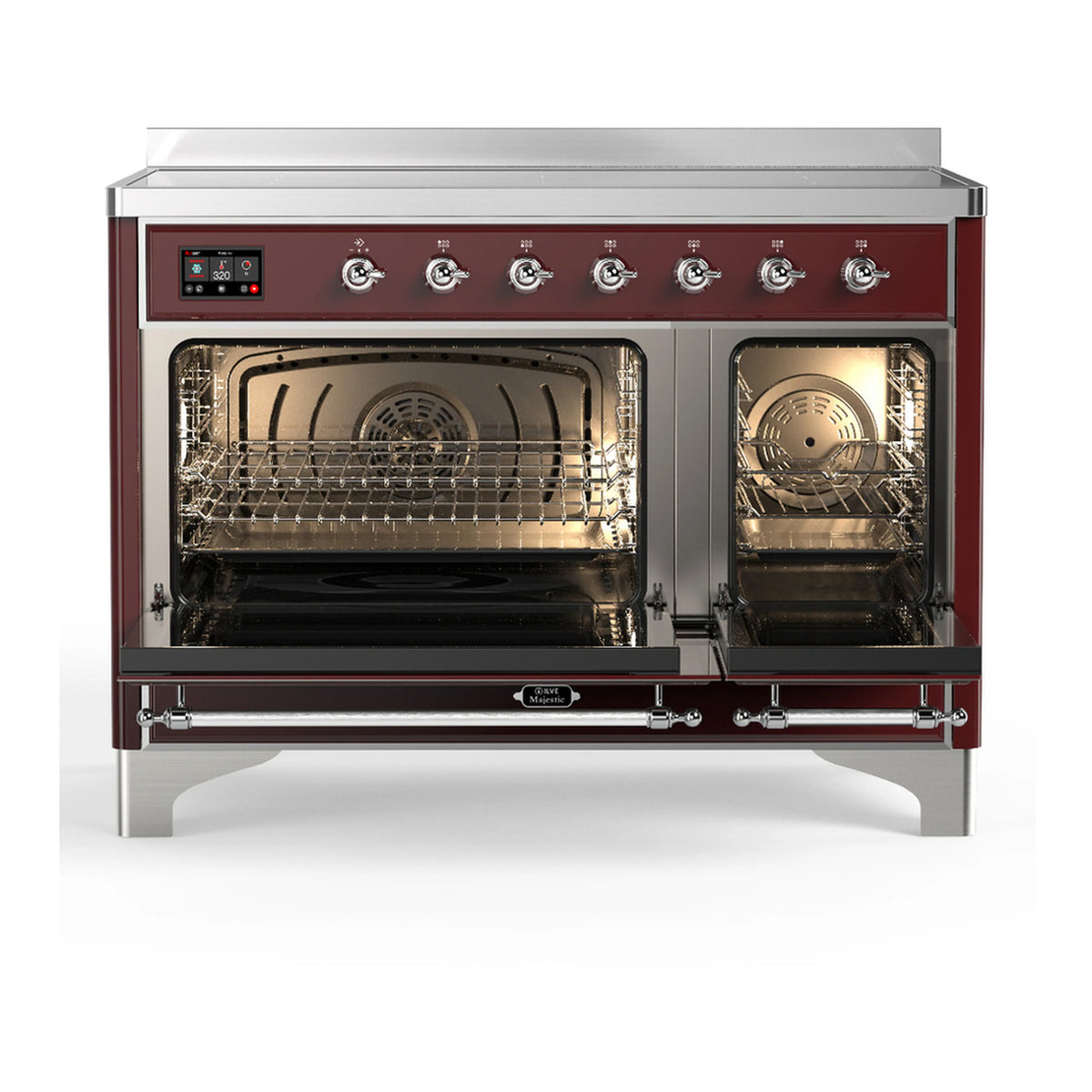 Burgundy induction range with oven doors open, chrome trim, racks visible.