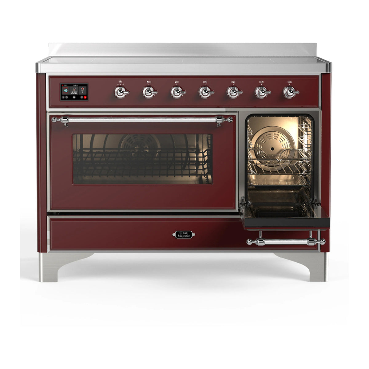 Burgundy induction range with left glass door closed and right door open, chrome trim.