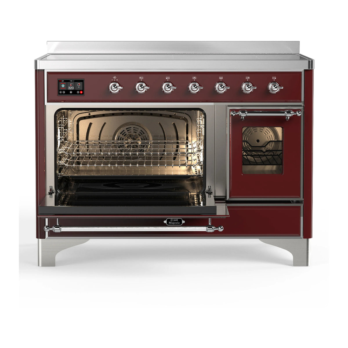 Burgundy induction range with left oven door open and right compartment door closed.