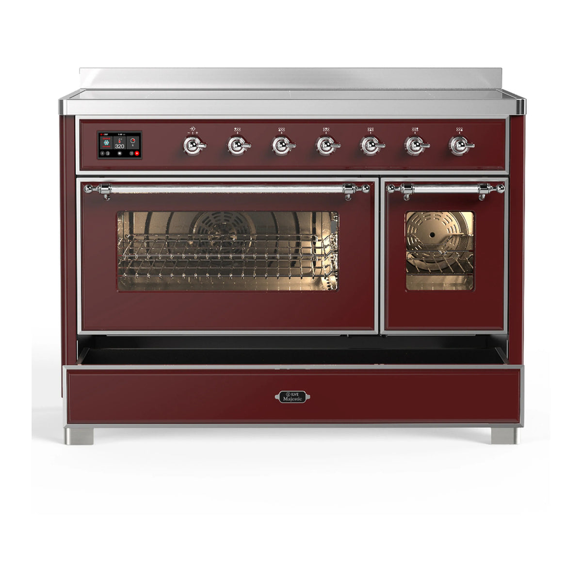 Burgundy induction range with both oven doors open, illuminated interiors and racks.
