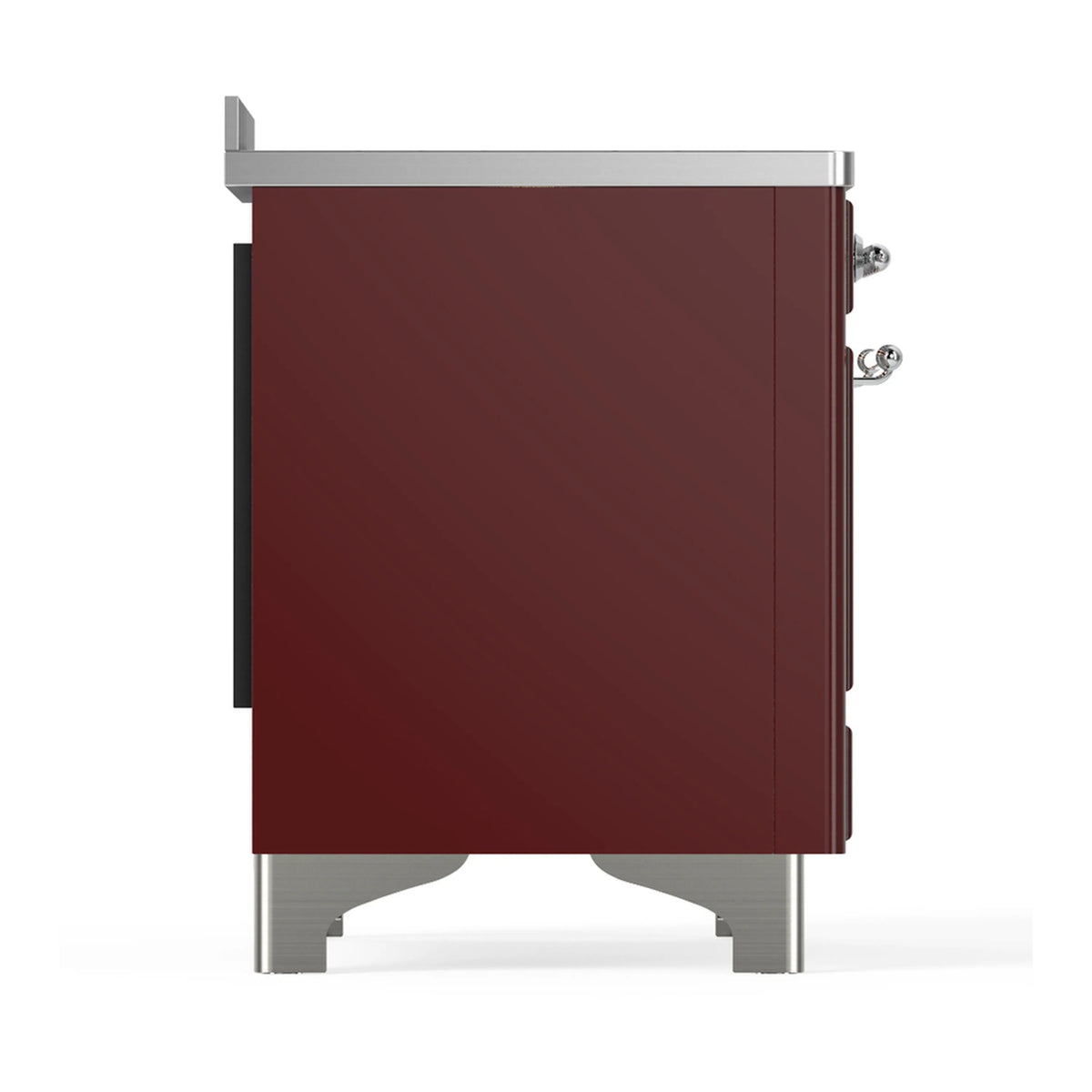 Burgundy induction range side panel with chrome base and side handle.