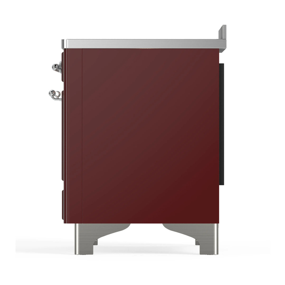 Burgundy induction range rear side panel with chrome legs and handle detail.