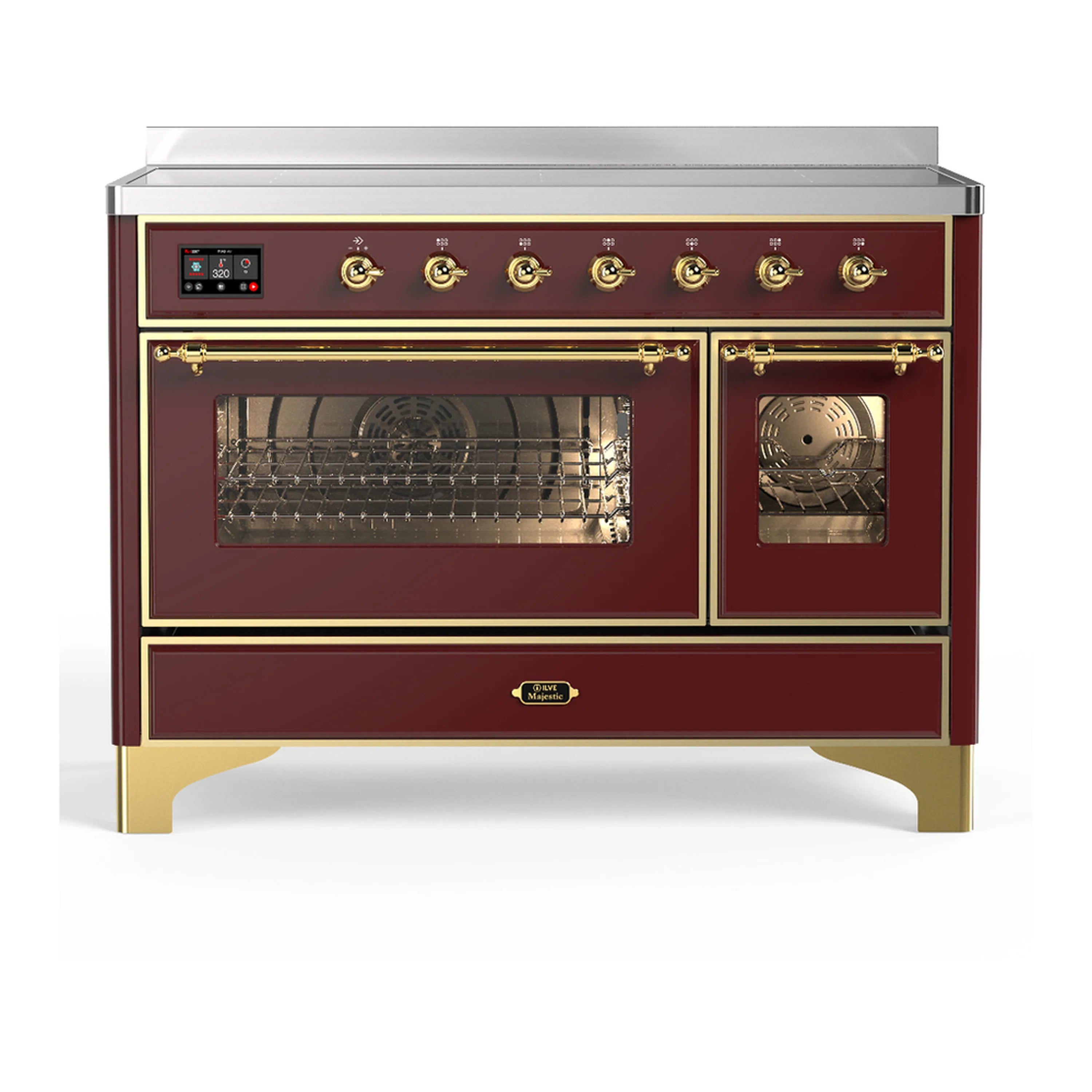 Burgundy induction range with brass trim, dual oven doors, and control panel in front view