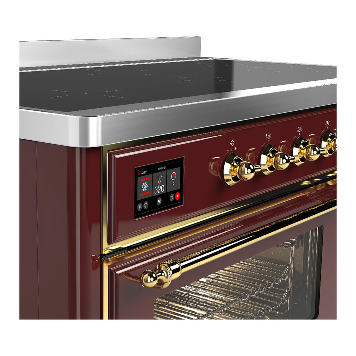 Burgundy induction range control panel with brass knobs and digital display