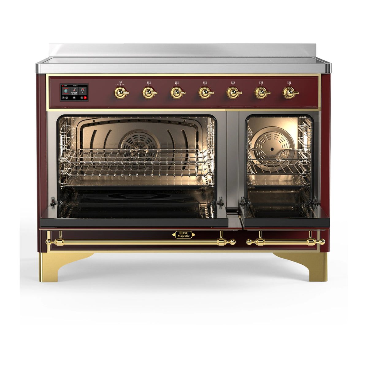 Burgundy induction range with open oven doors showing racks and interior heating elements