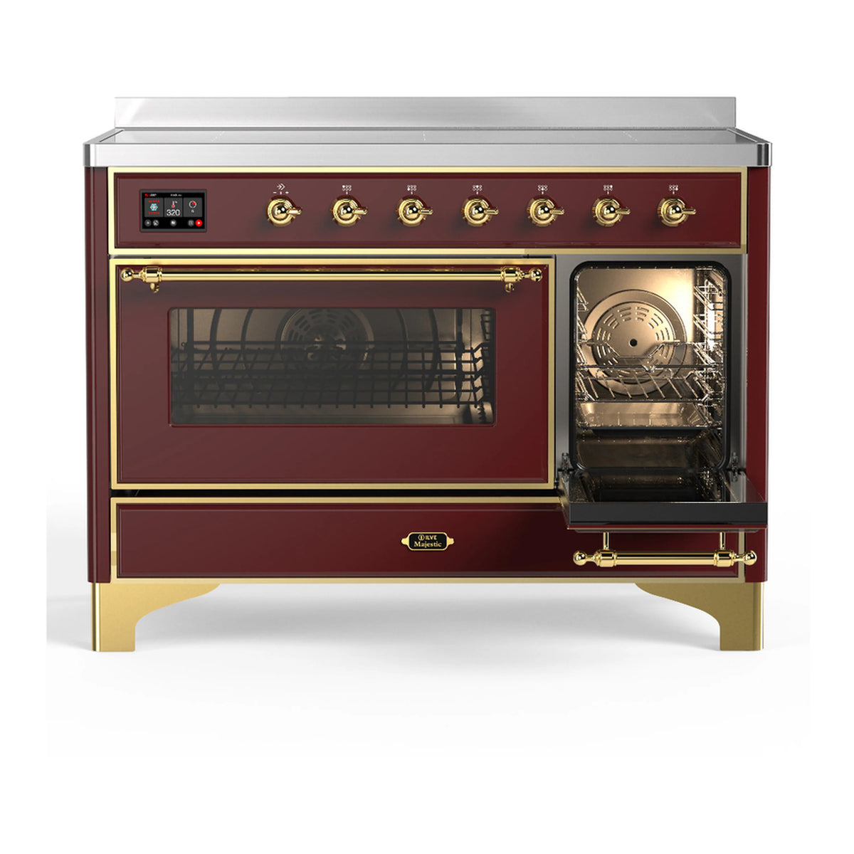 Burgundy induction range with one oven door open and illuminated cooking cavity
