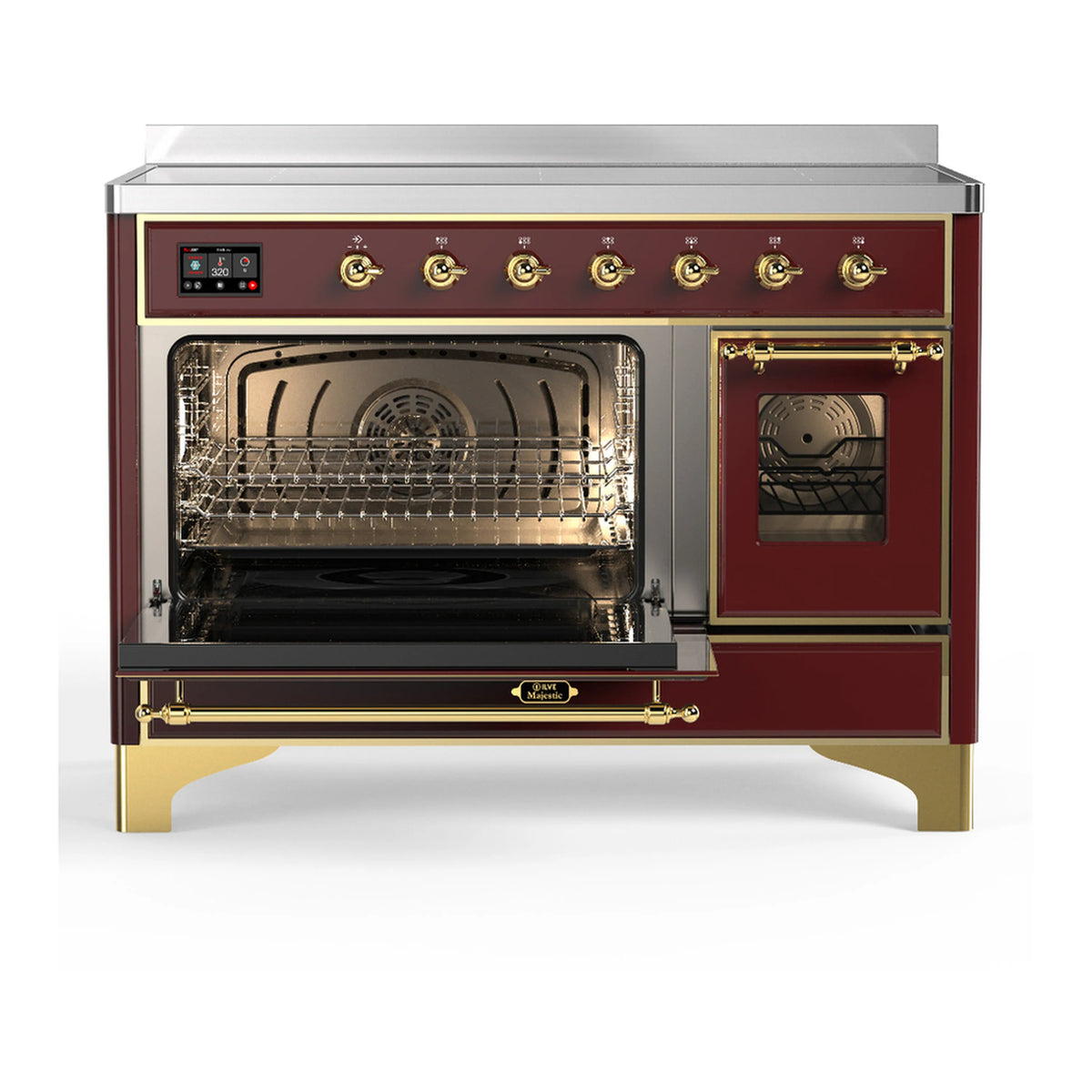 Burgundy induction range with both oven doors open, racks visible, brass trim and controls