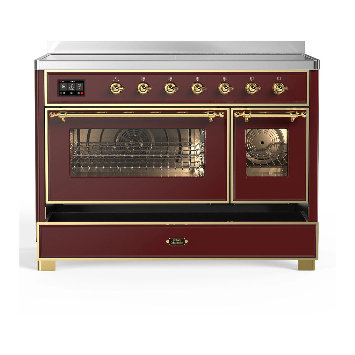 Burgundy induction range front view with dual oven windows and brass door accents