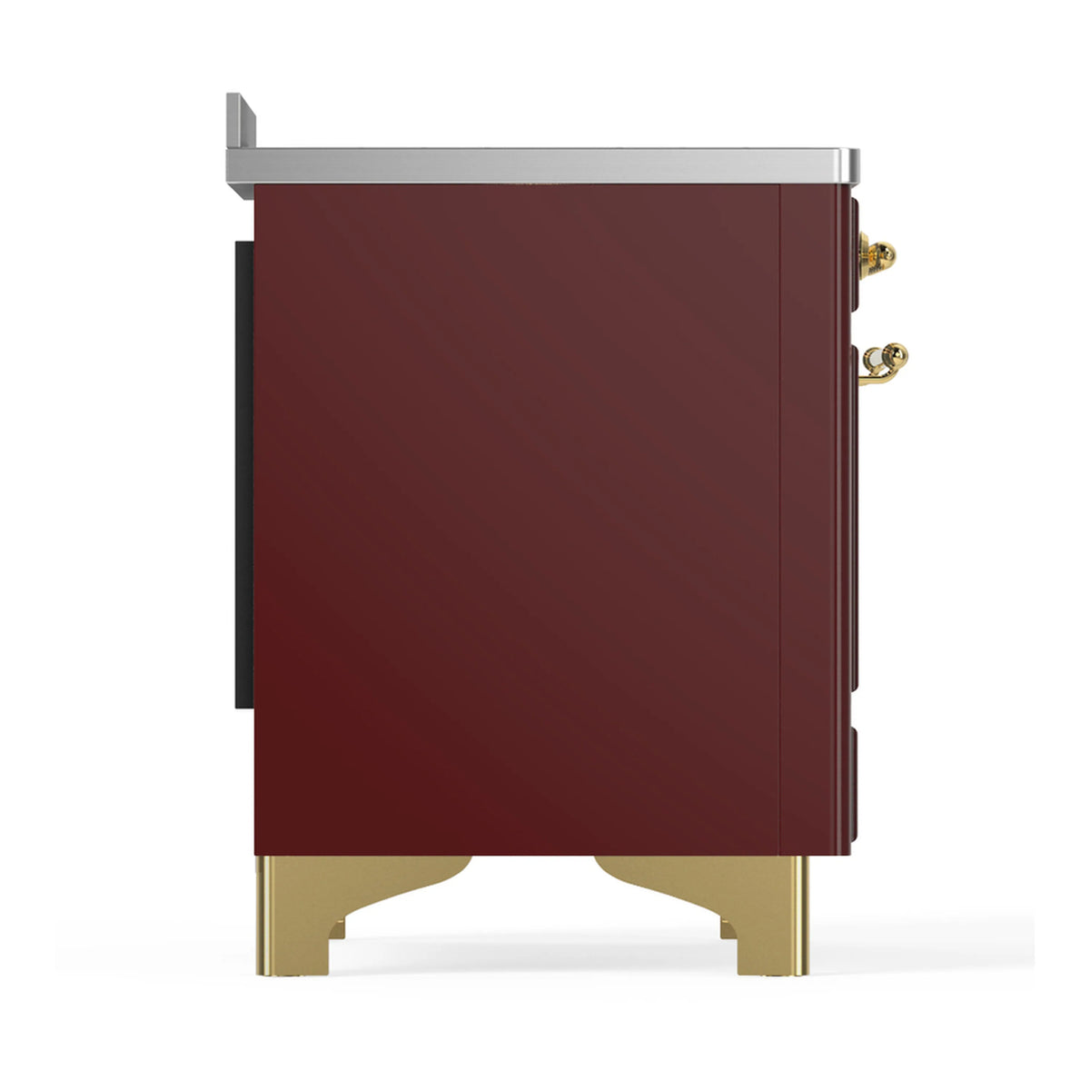 Burgundy induction range side panel with brass trim feet and metal handle detail