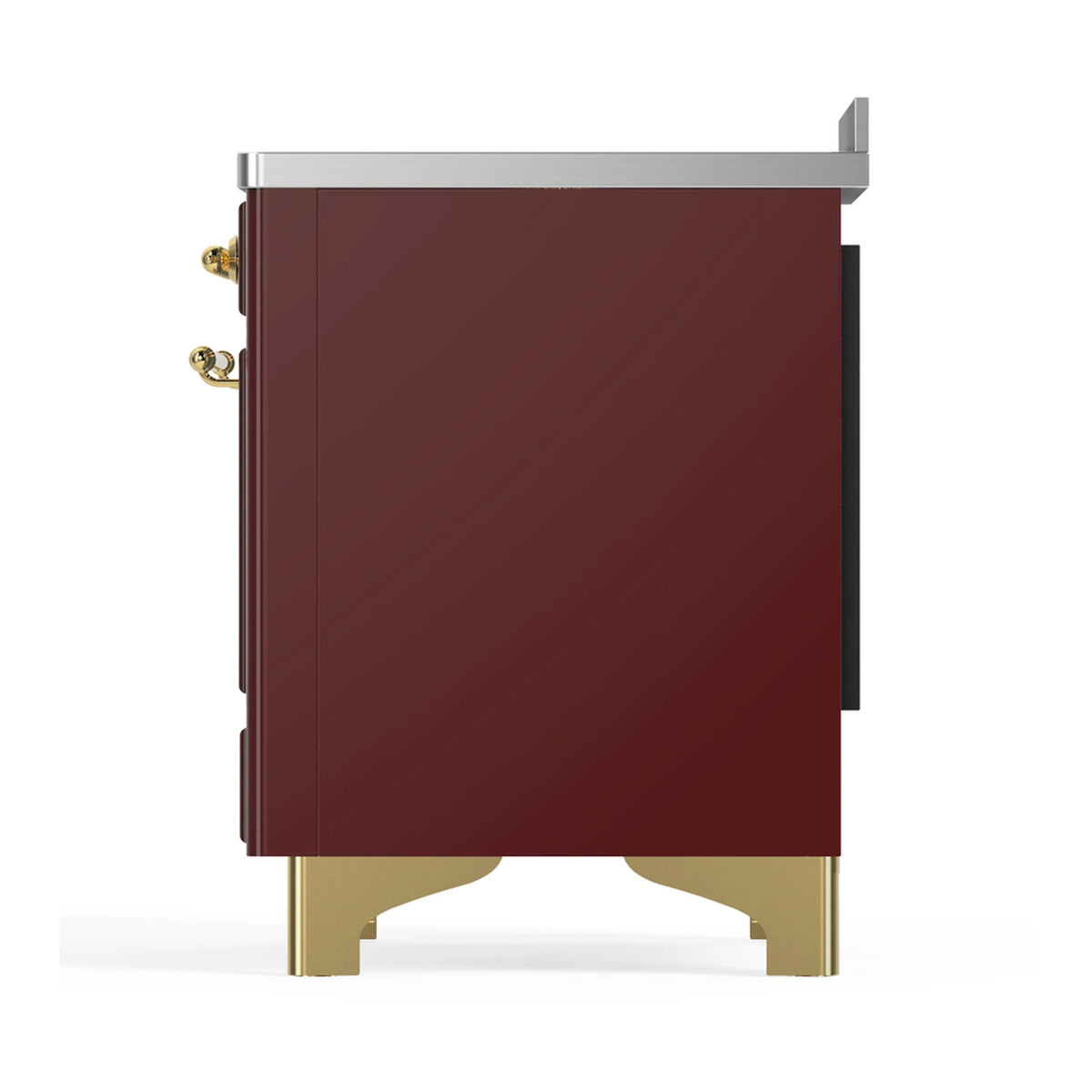 Burgundy induction range rear side panel view with brass trim handles and legs
