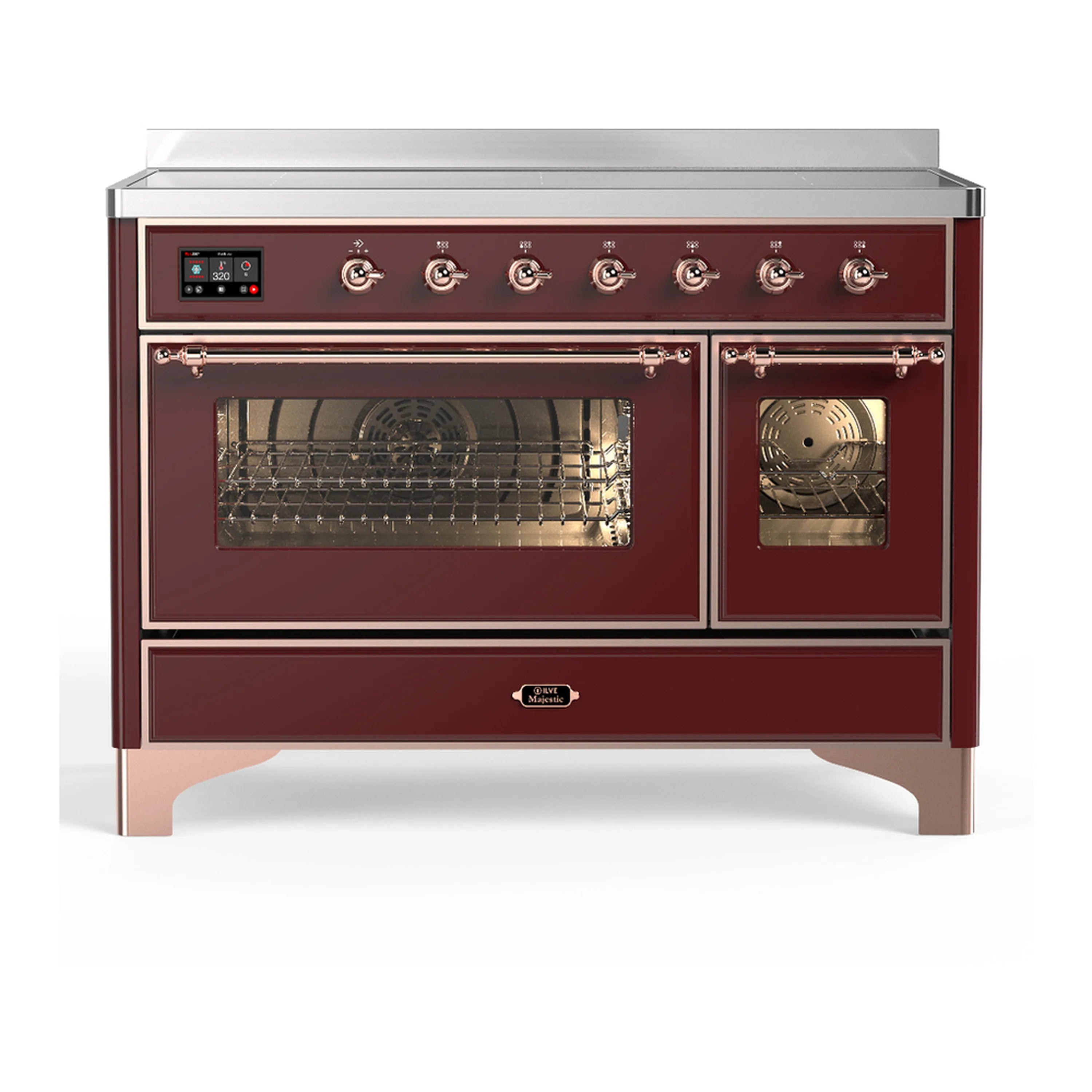 Burgundy induction range with copper trim, double oven doors, and control knobs