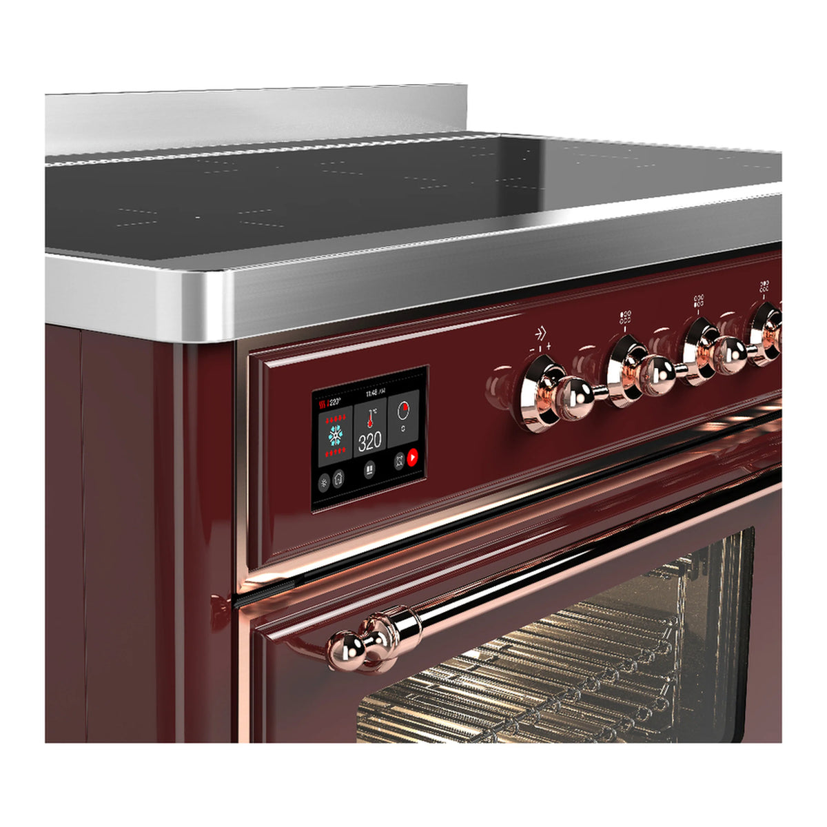 Burgundy induction range control panel with display and chrome copper-trim knobs