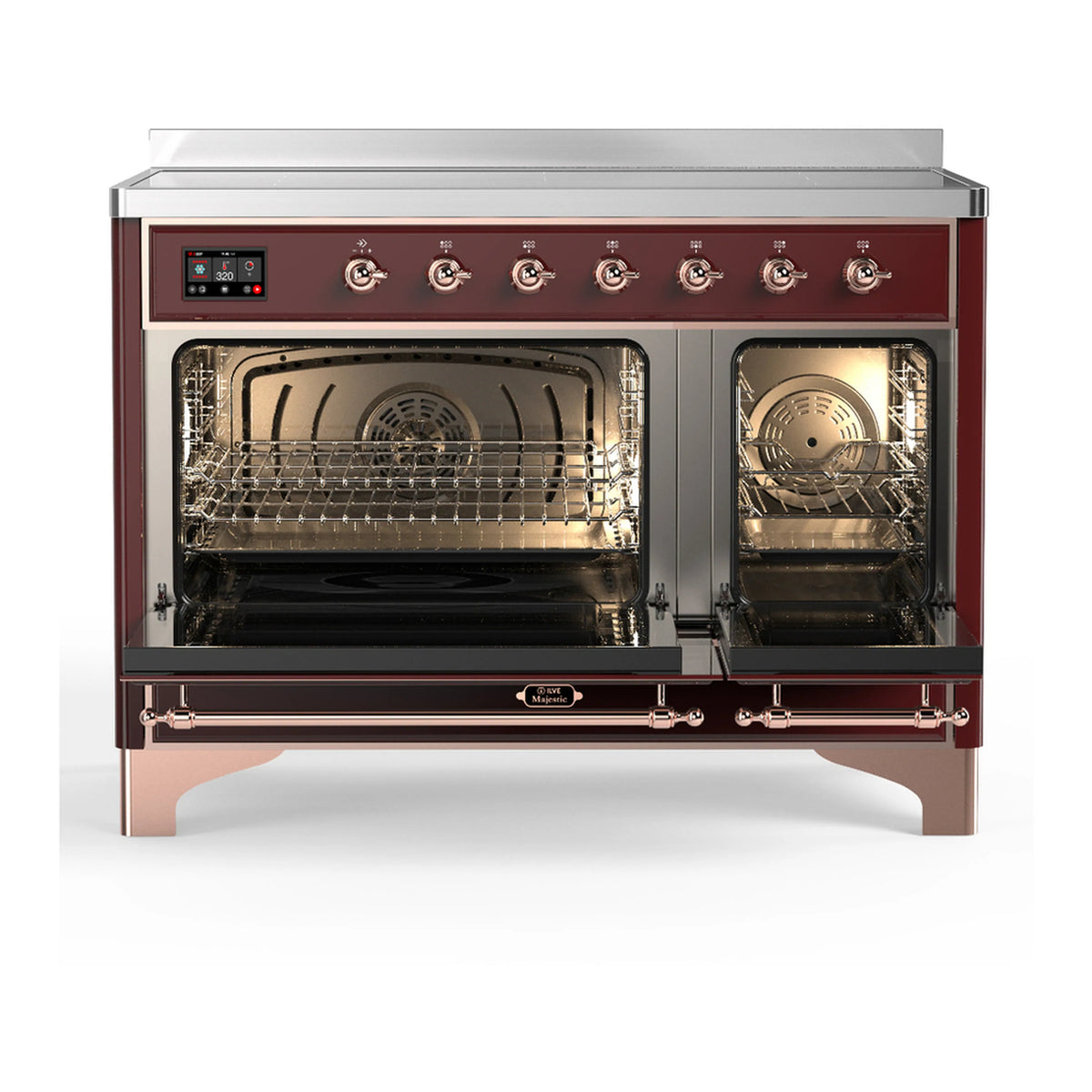 Burgundy induction range with both oven doors open, visible racks and interior lights