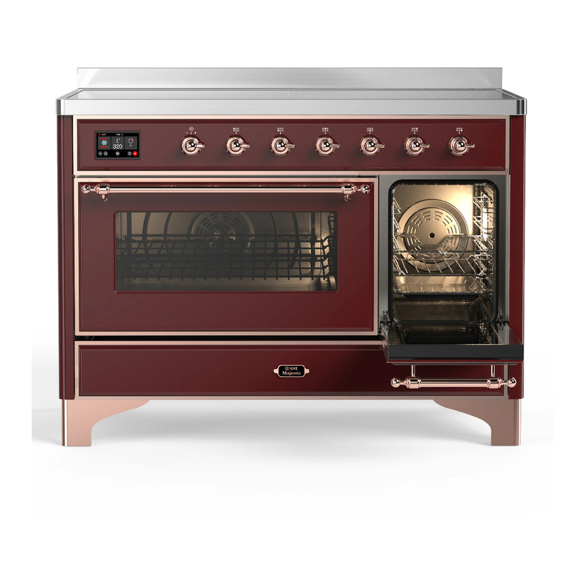 Burgundy induction range with one oven door closed and a smaller side door open