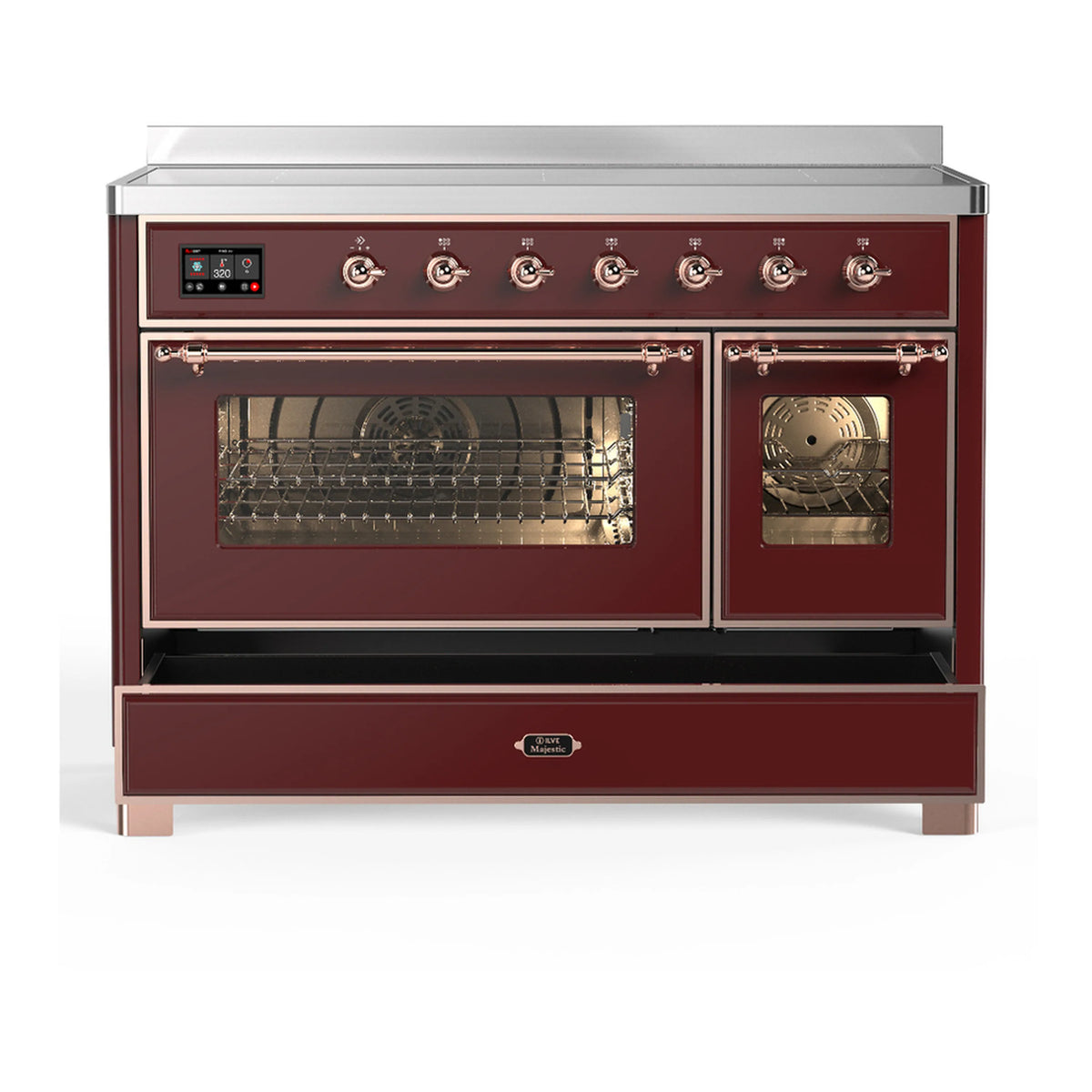 Burgundy induction range with copper-trim oven doors and front control panel