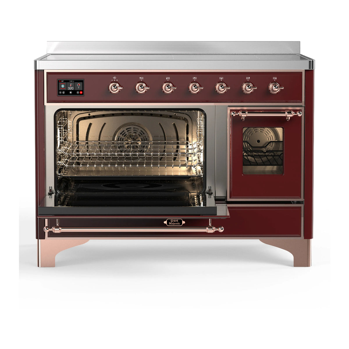 Burgundy induction range with large oven door open and glowing interior fan