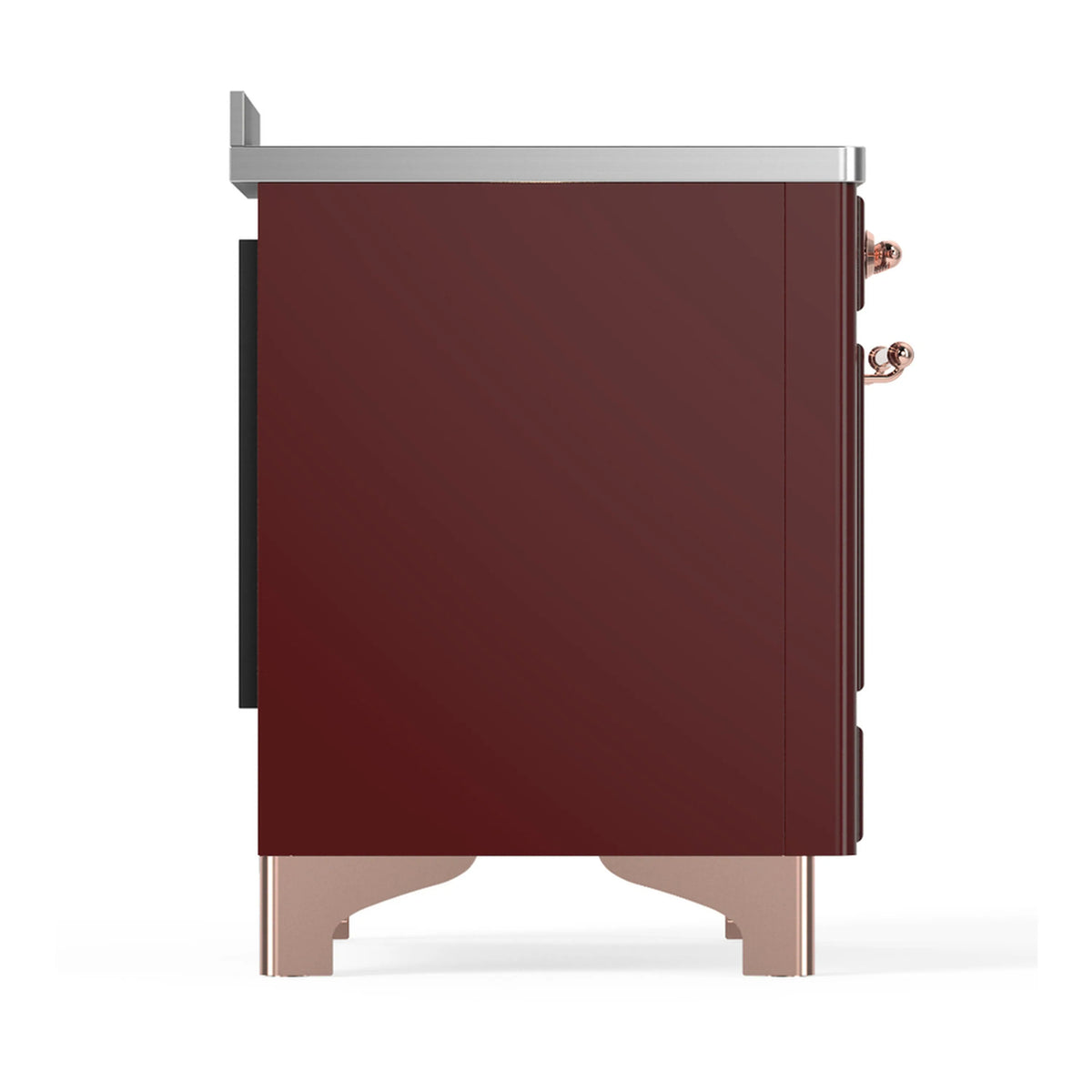 Burgundy induction range side view with stainless top and copper handles