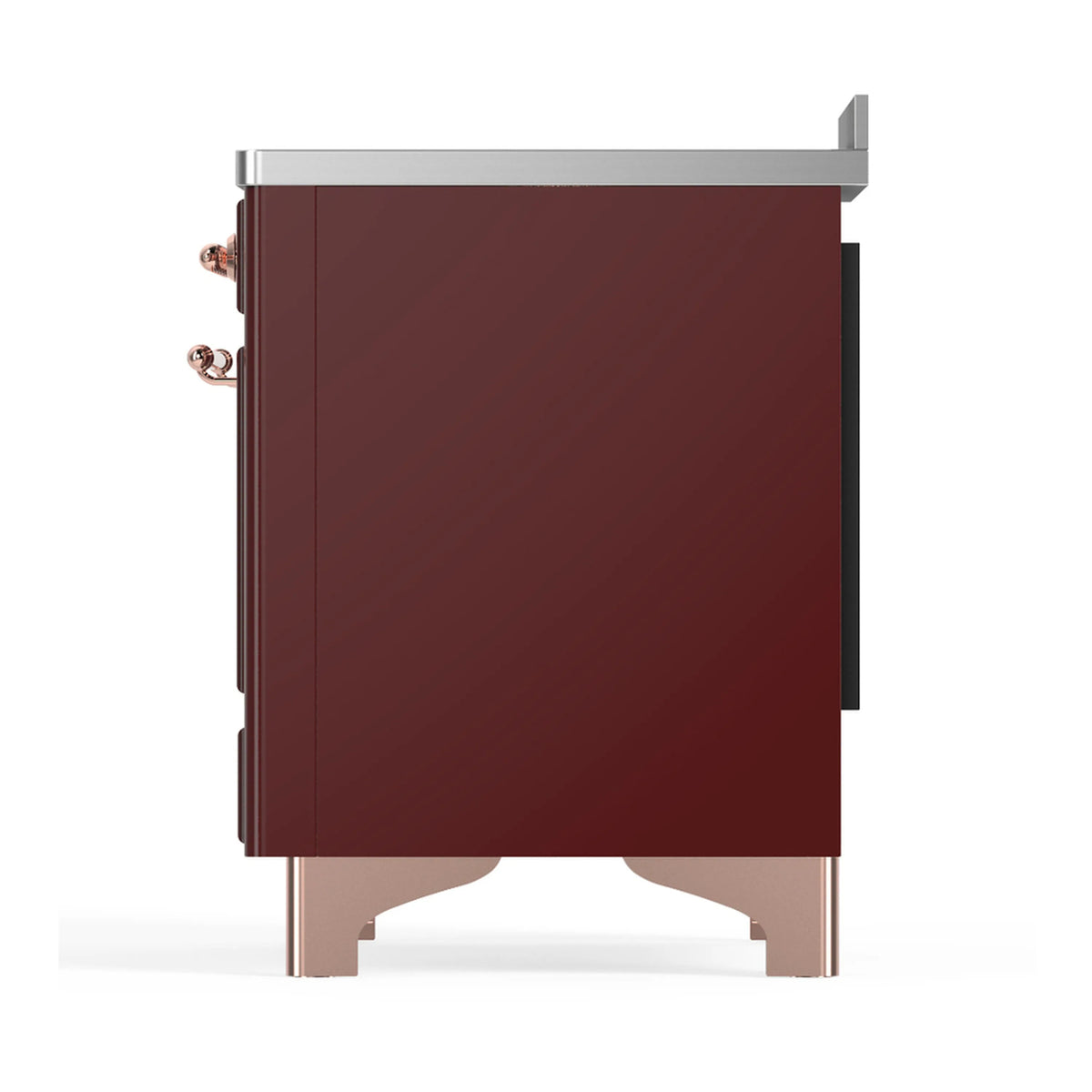 Burgundy induction range rear side view with stainless top and copper handles