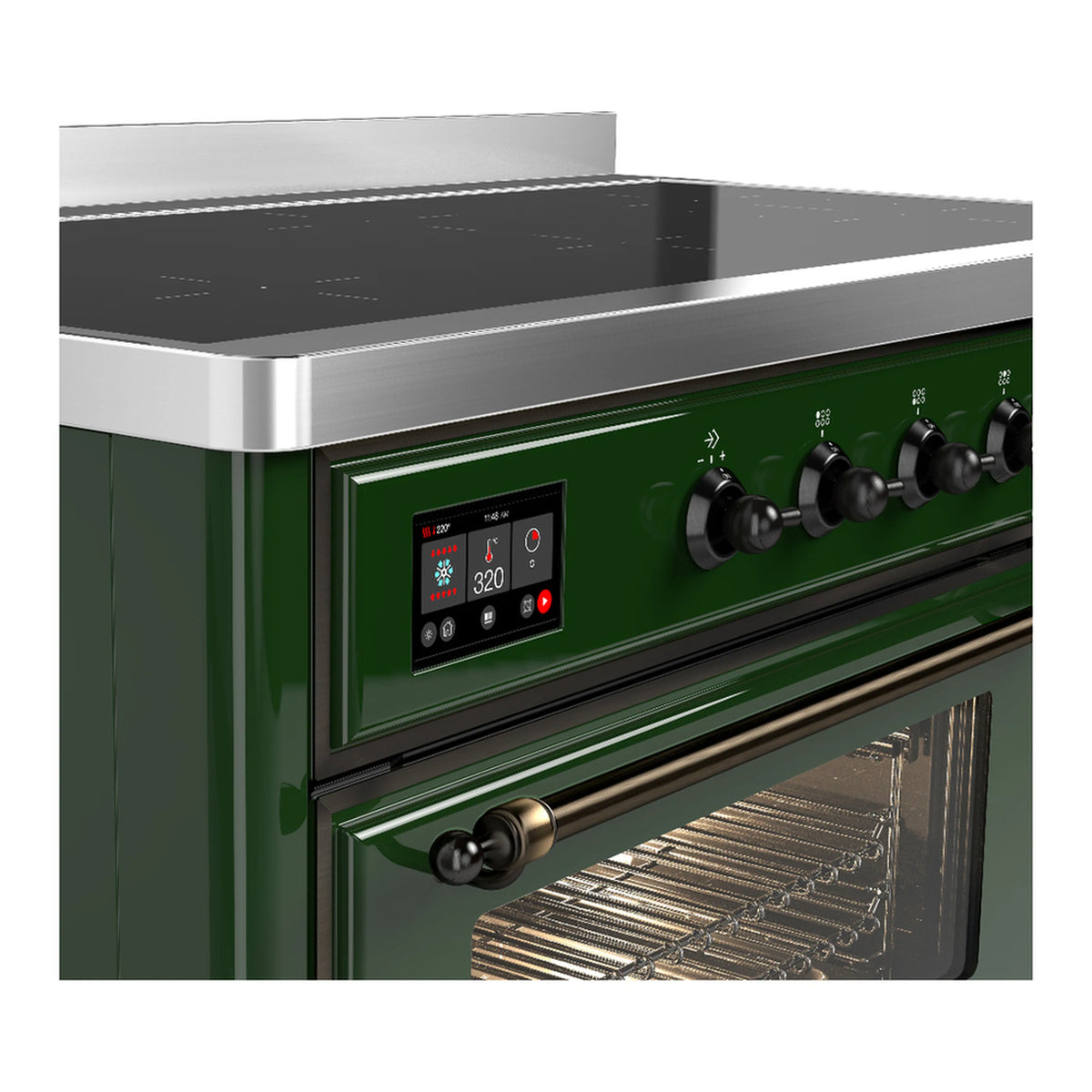 Emerald green side control panel with digital display and black induction knobs