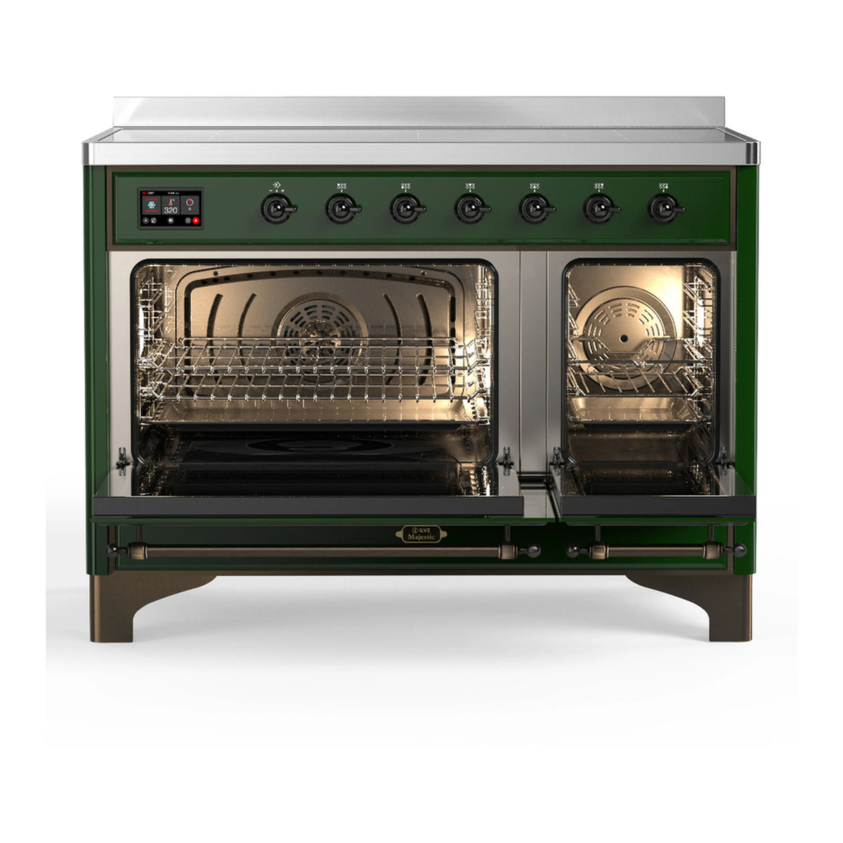 Emerald green induction range with oven doors open showing racks and interior lights